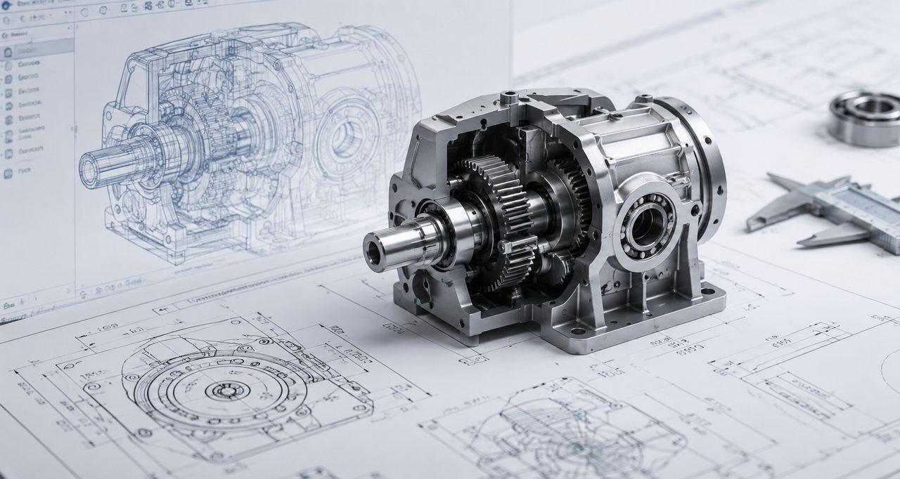 Parametric 3D gearbox model designed in CADLab, shown alongside its CAD wireframe and engineering drawing